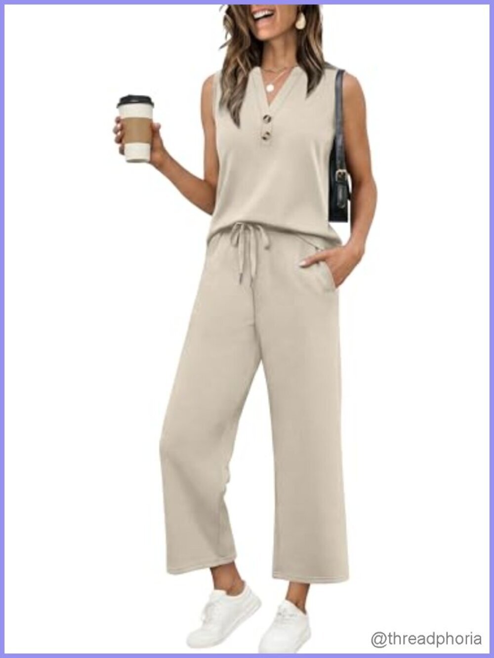 Two Piece Lounge Set V-Neck Tank Top Wide Leg Pants Casual Travel Outfit